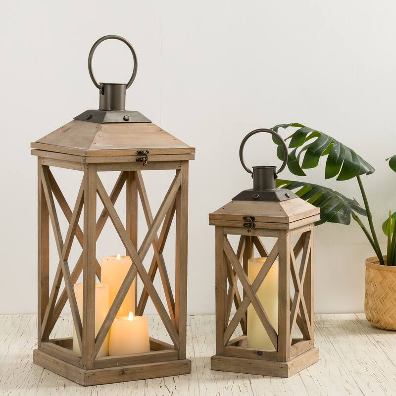Glitzhome Set of 2 Farmhouse Wooden Lantern Hanging Candle Holders Fall Wedding Decor - 24"+17"