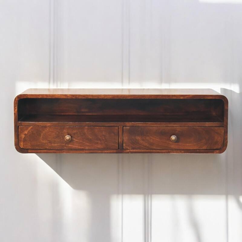 Artisan Furniture Solid Wood Floating California Walnut Open Console, Brown,1 Shelf, 2 Drawers
