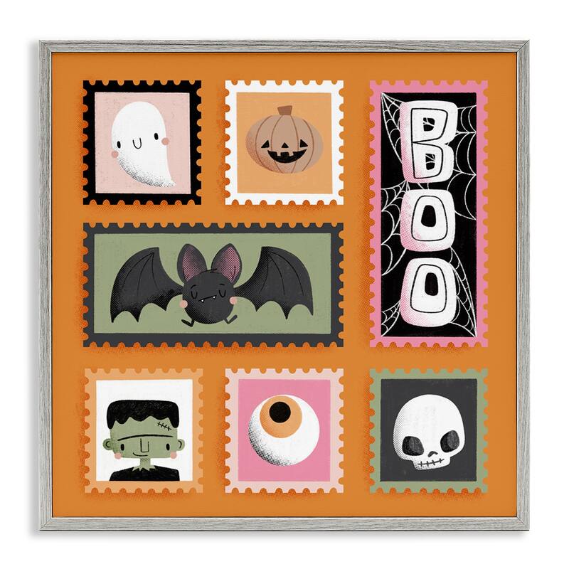 Stupell Spooky Cute Halloween Stamps Framed Giclee Art Design By Sarah Hickman - 24 x 24 - Grey