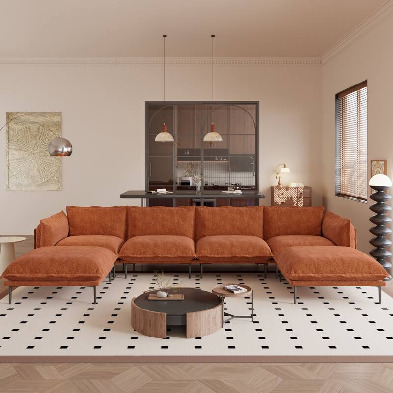 147" U-Shaped Modular Sectional Sofa Couch for Living Room Chenille Cloud Couches 4 Seater with 2 Ottoman - Orange