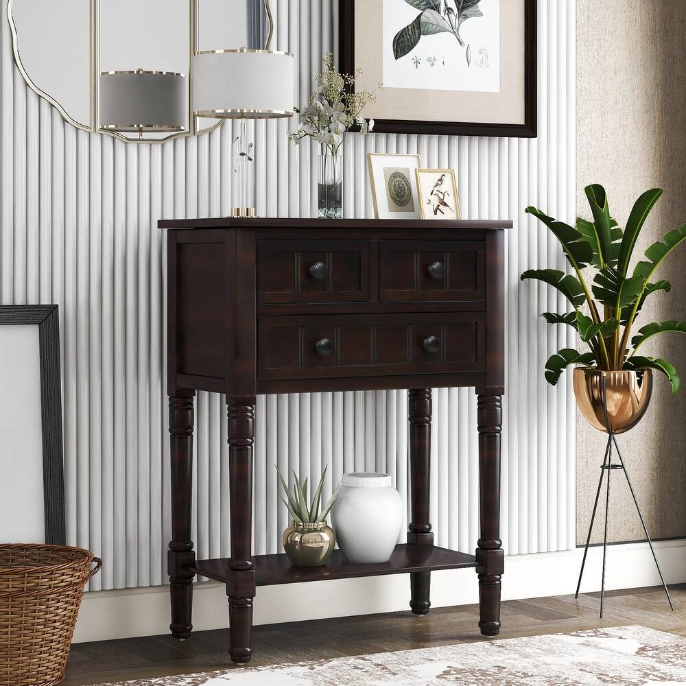 Hall Table Narrow Console Table, Slim Sofa Table with 3 Storage Drawers and Bottom Shelf, Tapered Legs, Black Round Knobs