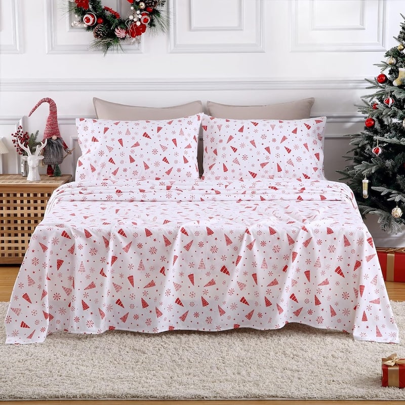 Christmas Red Snowflake Tree Bed Sheets Set with 16 Inches Deep Pocket - King