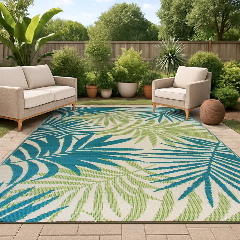 Modern Floral Reversible Plastic Outdoor Rugs - 9' X 12'