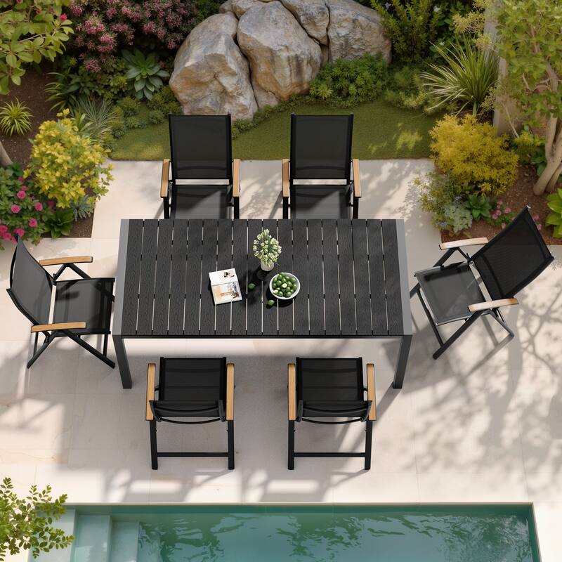 Set of 7 Outdoor Patio Dining Set WoodLike Table Top Aluminum Umbrella Hole Table with Folding Chairs - Black