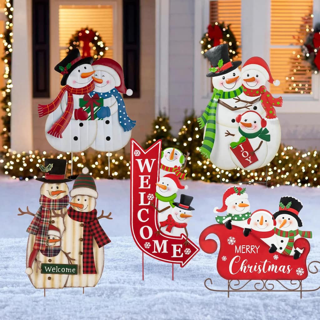 Glitzhome Metal Christmas Snowman Family Nutcracker JOY Yard Stakes Wall Decor