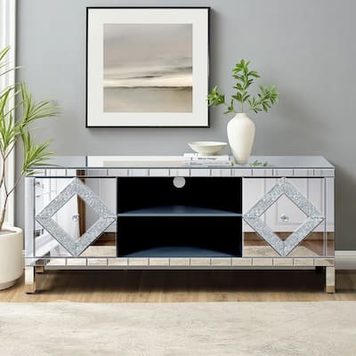 47 Inch Mirror TV Media Console with Diamond Glass Doors, Dual Door Design and Open Storage Space