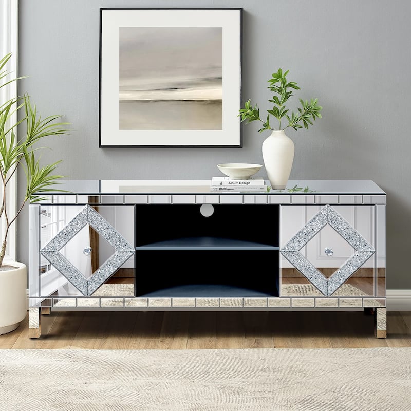 Modern Mirrored Crushed Diamond TV Stand, for 50-Inch TVs with 2 Cabinets and 2 Open Storage Spaces, for Living Room - Silver