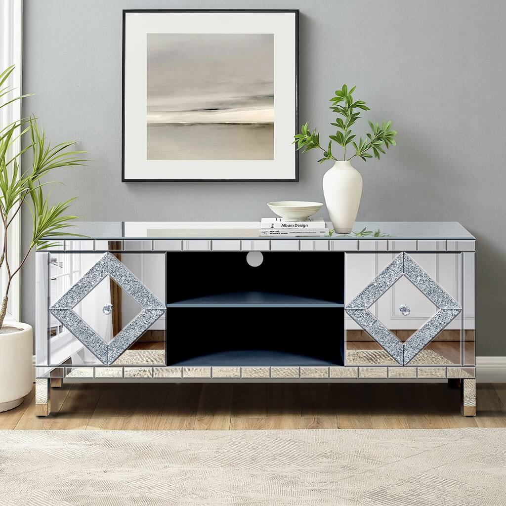 Modern Mirrored Crushed Diamond TV Stand, for 50-Inch TVs with 2 Cabinets and 2 Open Storage Spaces, for Living Room