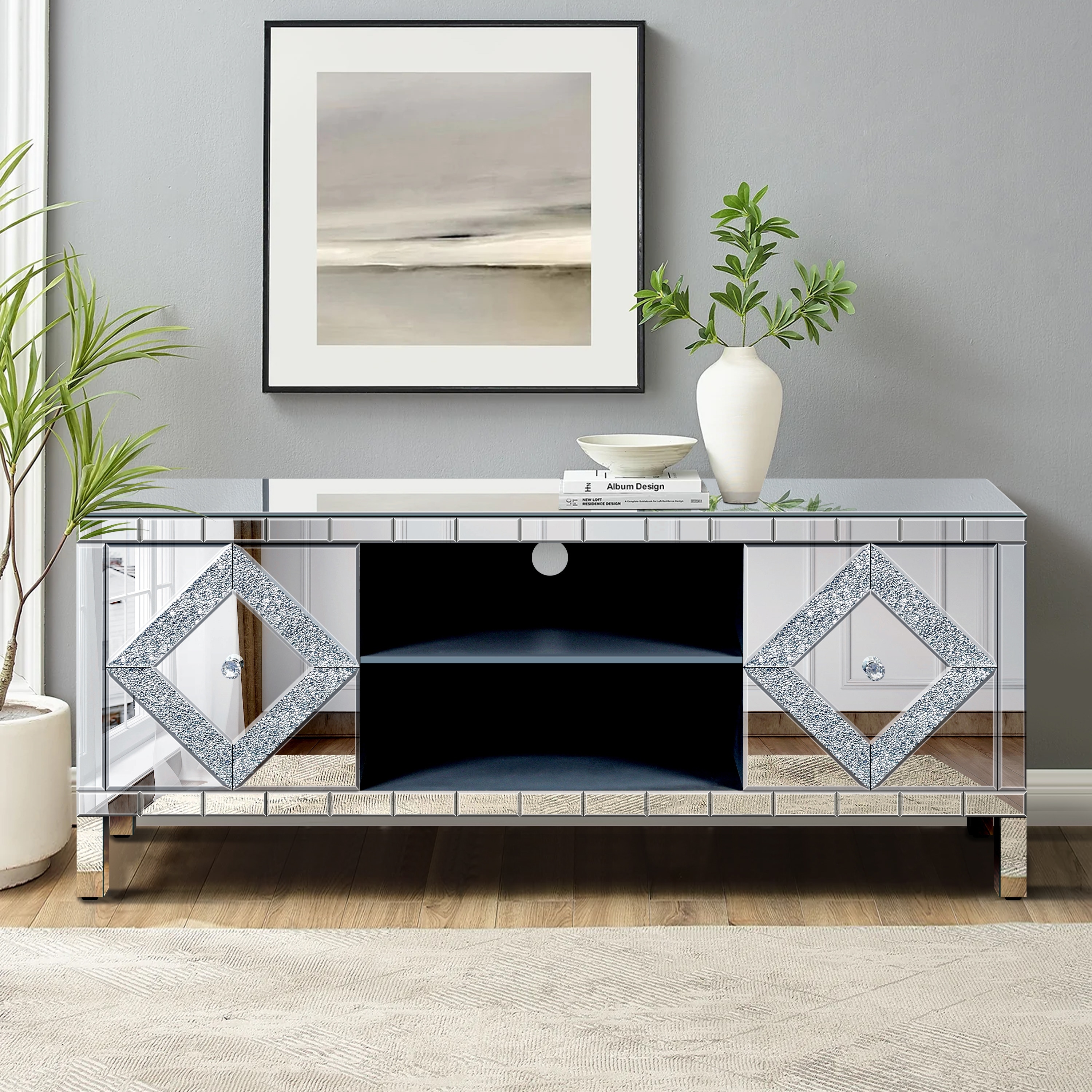 Modern Mirrored TV Media Console with Diamond Glass Doors and Open Storage, Silver by GDFStudio