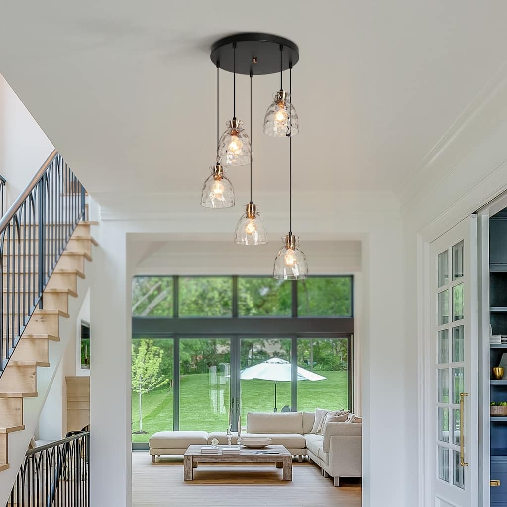 Elisie Modern Glam Cluster Chandelier 5-Light Water Hammered Glass Adjustable Foyer Pendant Light - D 19.7" x H 67.2"