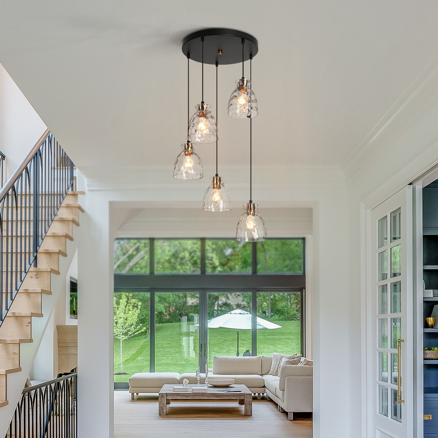 Elisie Modern Glam Cluster Chandelier 5-Light Water Hammered Glass Adjustable Foyer Pendant Light - D 19.7" x H 67.2"