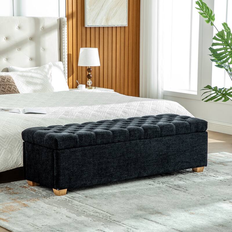 60.2" Chenille Upholstered Storage Bench with Flip-Top & Soft-Close Hinges