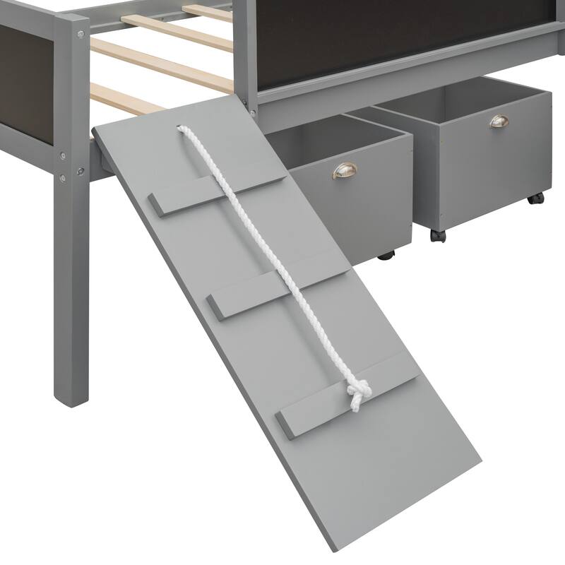 Twin Size Loft Bed with Storage Boxes and Climbing Frame - Gray