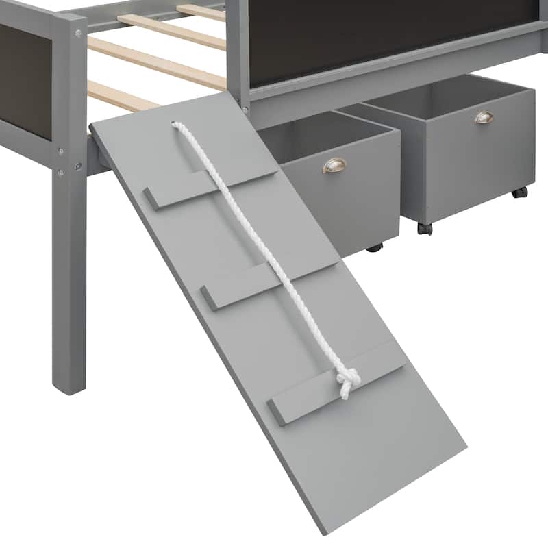 Twin size Loft bed Wood bed with Two Storage Boxes - Gray