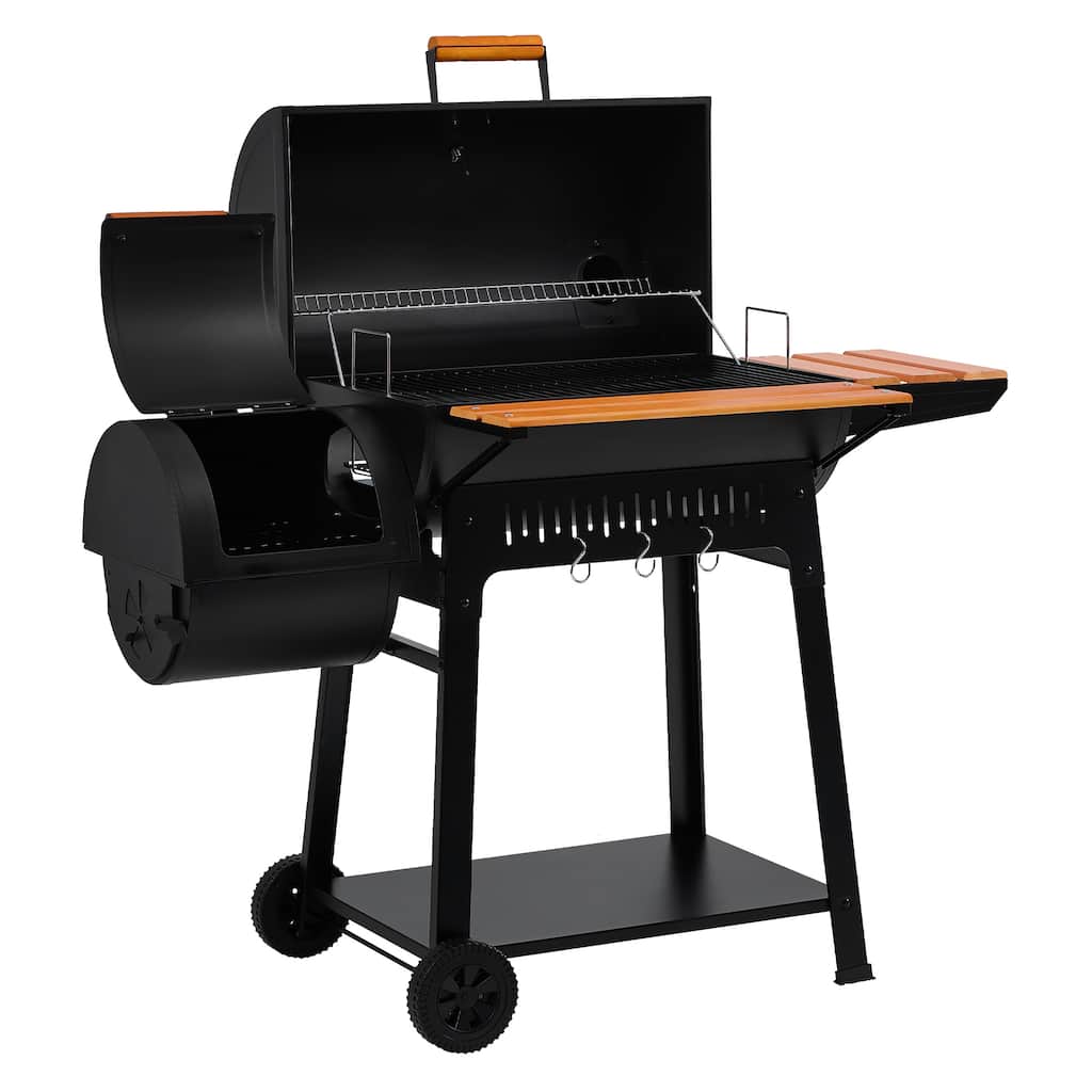 Royal Gourmet CC1831W Barrel Charcoal Grill with Offset Smoker, Wooden Front & Side Shelf, Frame Tool Hooks