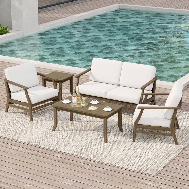 Outdoor Conversation Set Patio Chair, Loveseat with Tables - Natural Wood - Beige