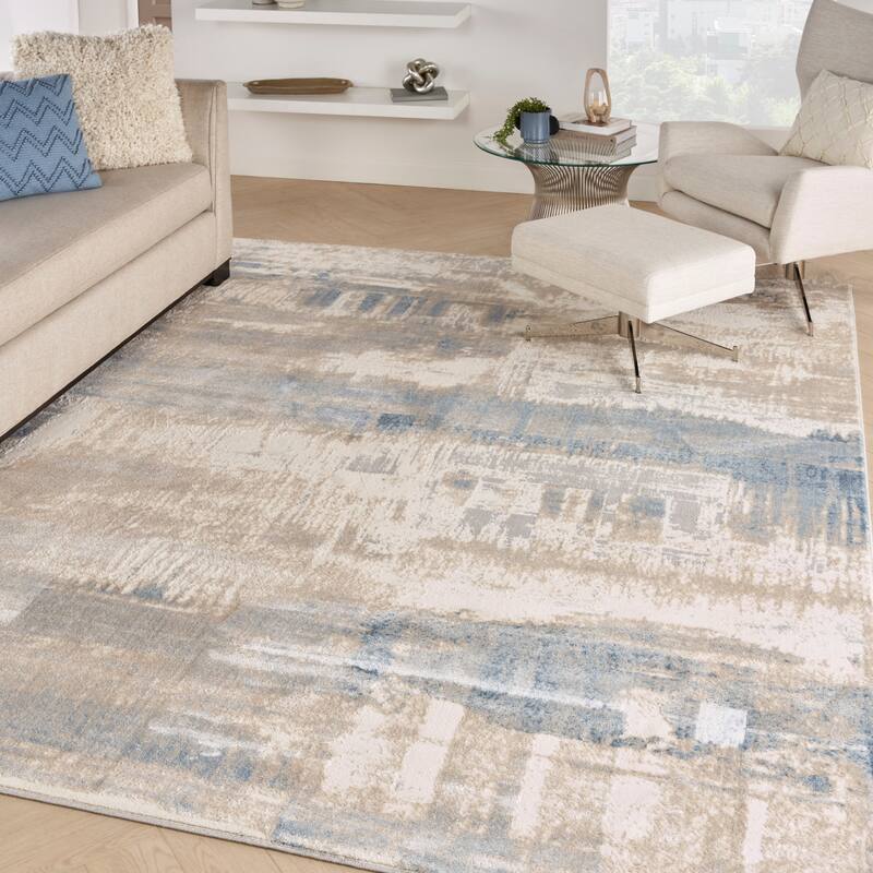 Nourison Solace Contemporary Distressed Abstract Area Rug - 8' x 10' - Ivory/Grey/Blue - Runner/Rectangle