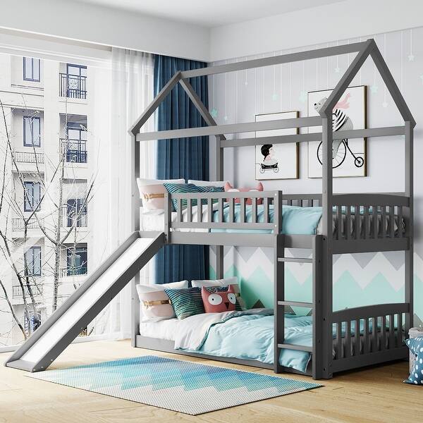 slide 2 of 10, Twin Over Twin Bunk Bed with Playhouse Design and Integrated Slide for Space-Saving and Safe Family Fun Grey
