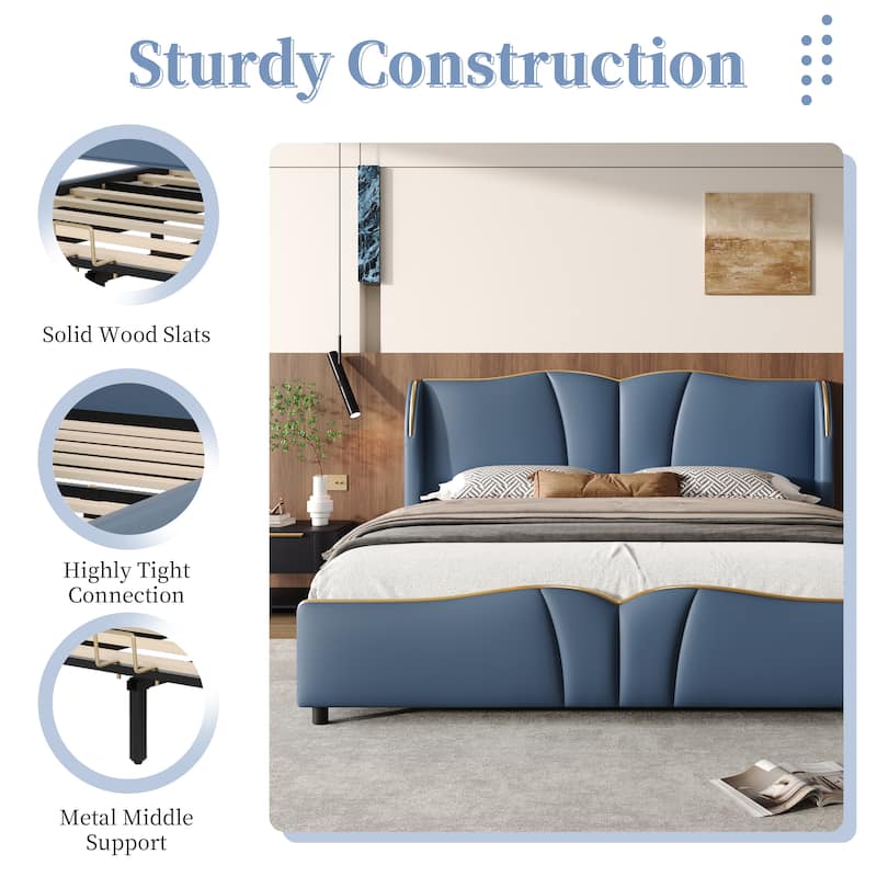 Modern King Size Upholstered Bed Frame with Wingback Headboard and Wavy Footboard, No Spring Box Needed, Antique Blue