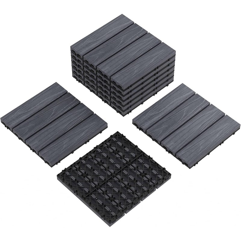 9-Pack All-Weather Plastic Wood-Grain 12"X12" Composite Interlock Deck Tiles Flooring - Grey