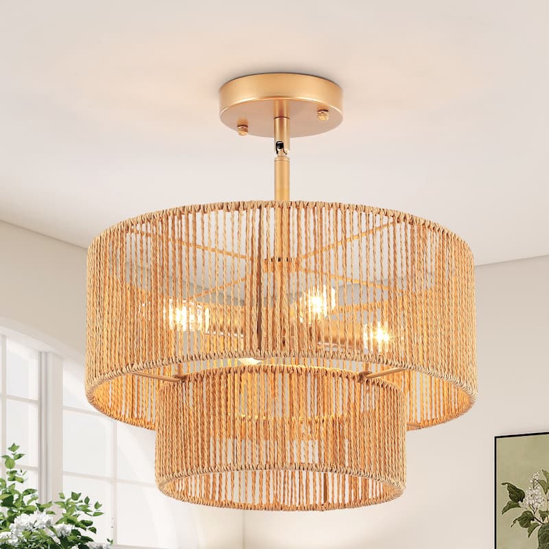 Starsky 4-Light 2-Tier Rattan Semi Flush Mount Ceiling Light