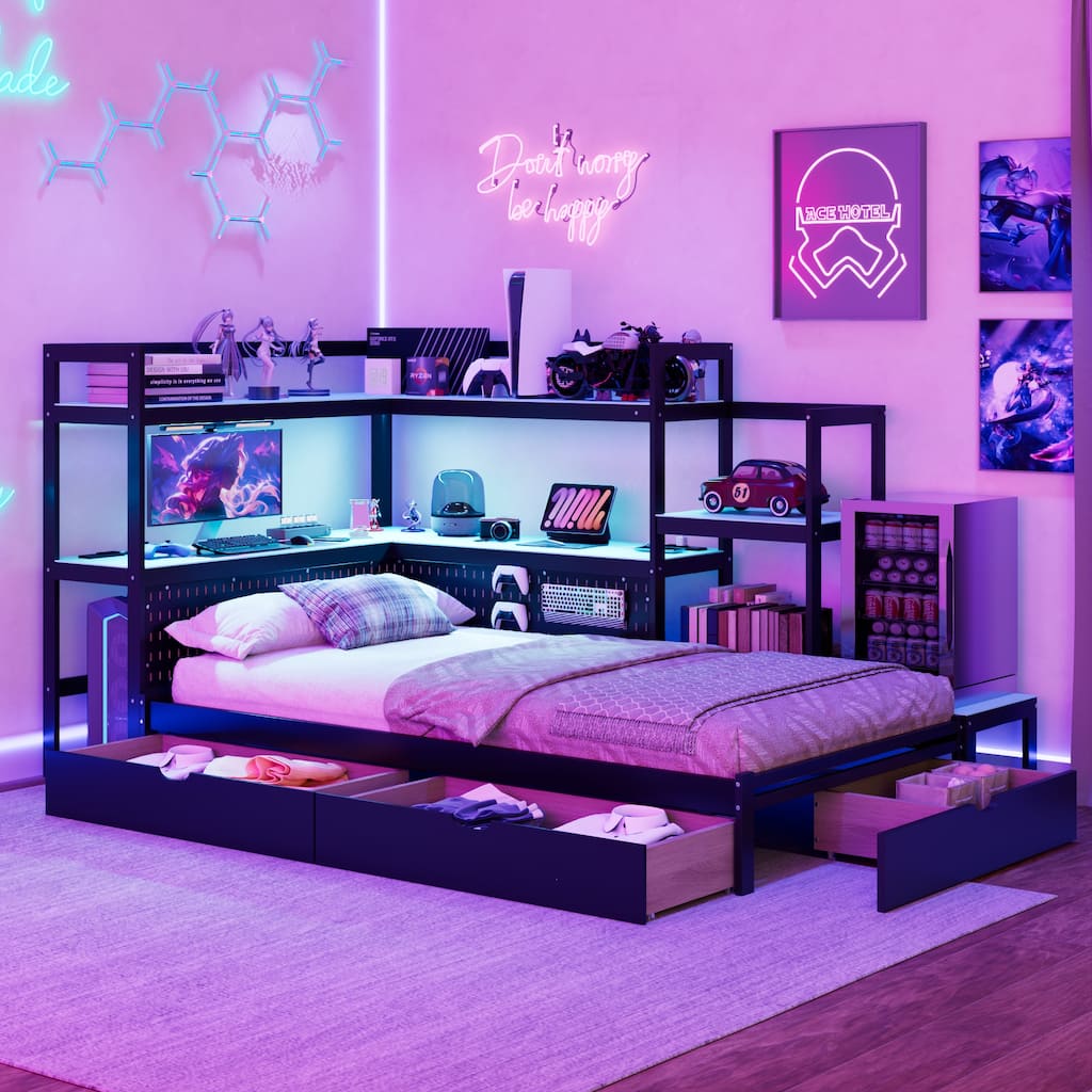 GDFStudio Zephyr Twin Size Gaming Daybed with Integrated Desk, LED Lights, 3 Drawers and Charging Station