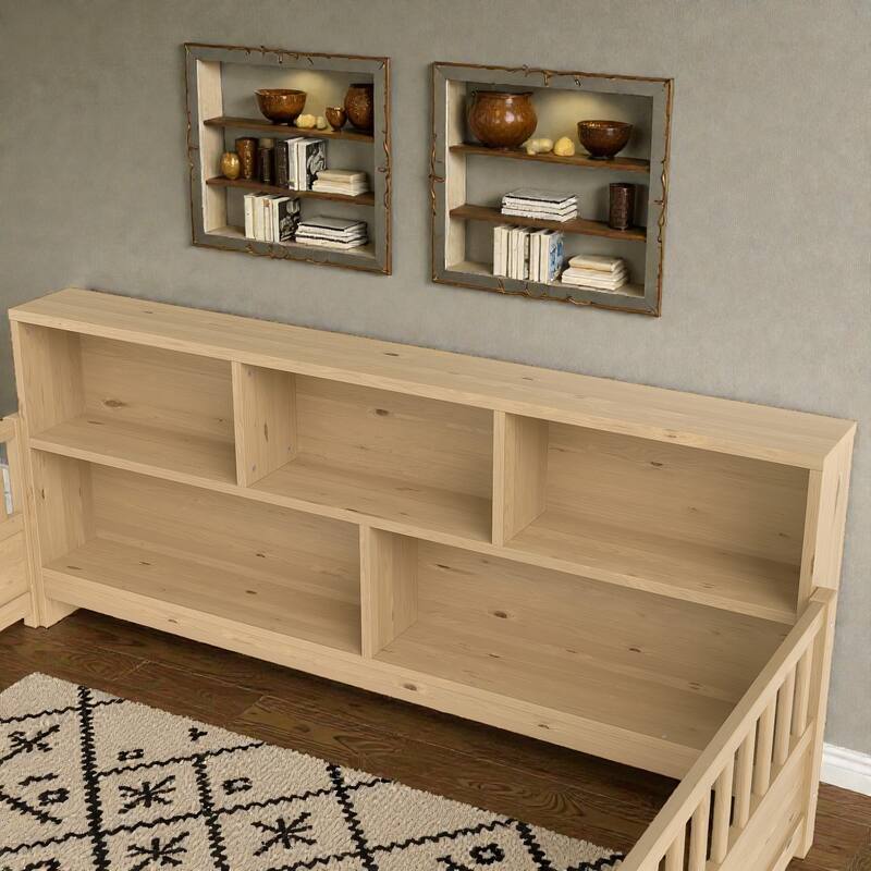 Wooden Floor Bed with Fence Guardrails, Montessori Style Kids Bed Frame with Side Storage Design