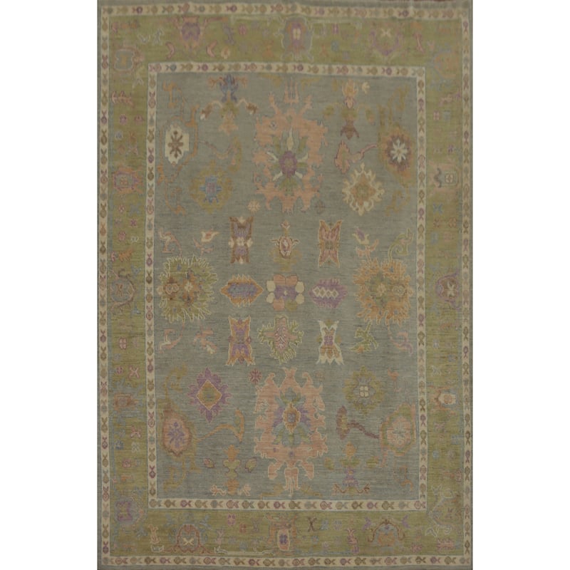 Handmade Gray Oushak Vegetable Dye Area Rug, Floral Geometric Carpet - 10' 0'' X 8' 0''