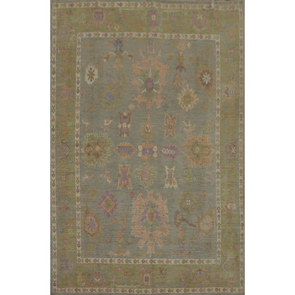 Handmade Gray Oushak Vegetable Dye Area Rug, Floral Geometric Carpet - 10' 0'' X 8' 0''