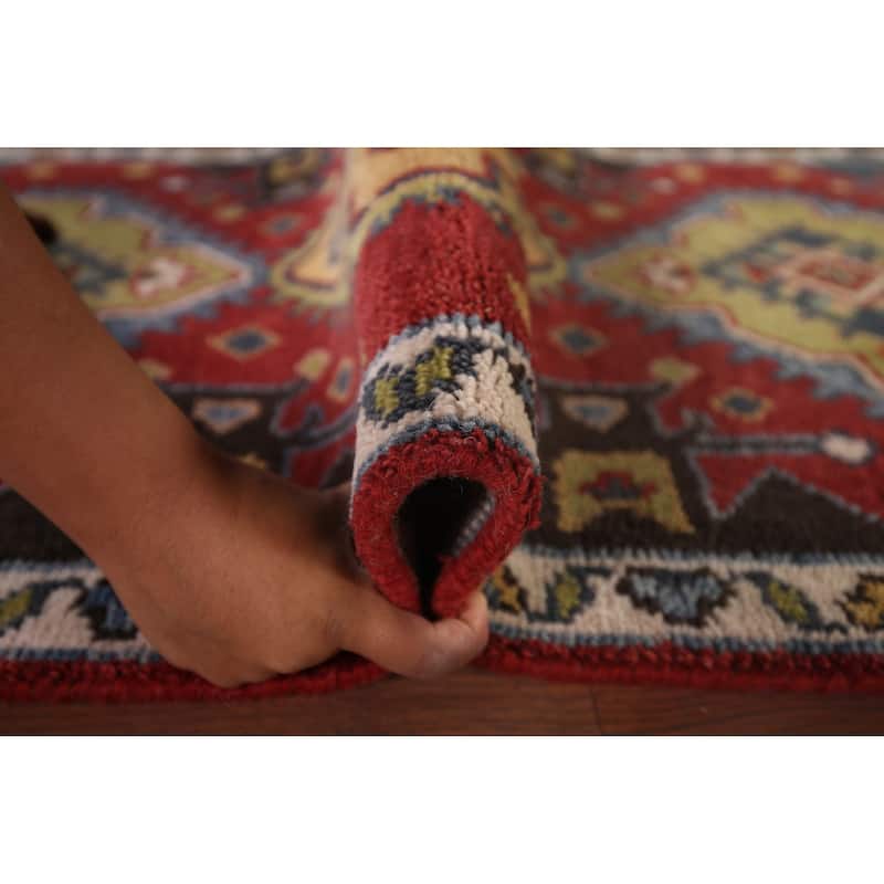 Red Geometric Kazak Oriental Runner Rug Hand-Knotted Wool Carpet - 2'7"x 8'1"