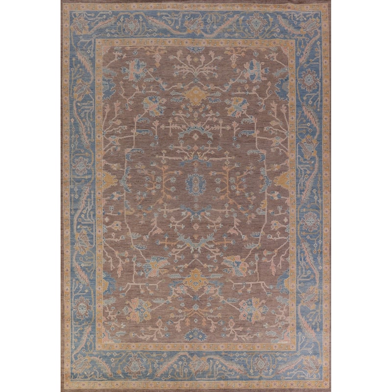 Hand Knotted Oriental 100% Wool Carpet Transitional All-Over Brown Oushak Area Rug - 12' 4'' X 9' 5''