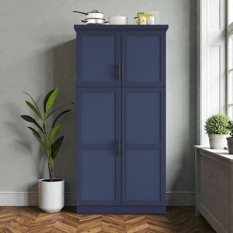 35.5 Inch Freestanding Kitchen Pantry Cabinet with 4 Doors, 8 Pull-Out Trays, Adjustable Shelves, Tall Dining Storage Organizer - Blue