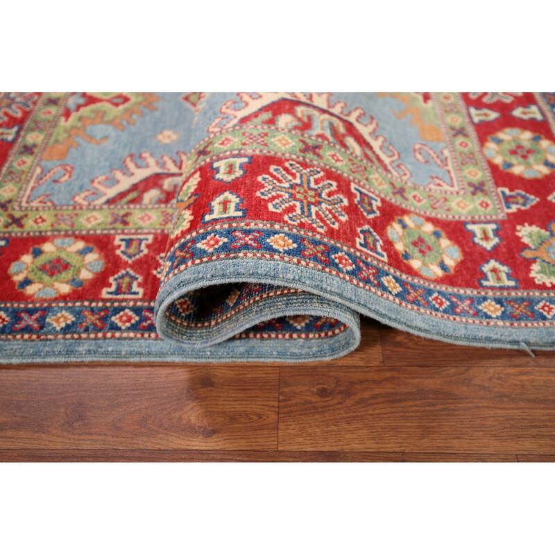 Light Blue Geometric Kazak Rug Entryway Hand-Knotted Wool Carpet - 3'1" x 4'11"