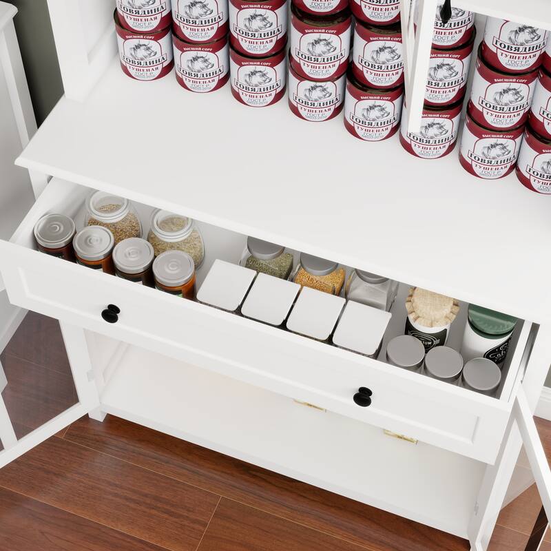 Kitchen Pantry Cabinet with 1 Large Drawer, Buffet Cabinet with Microwave Oven Countertop, Cabinet with Adjustable Shelves