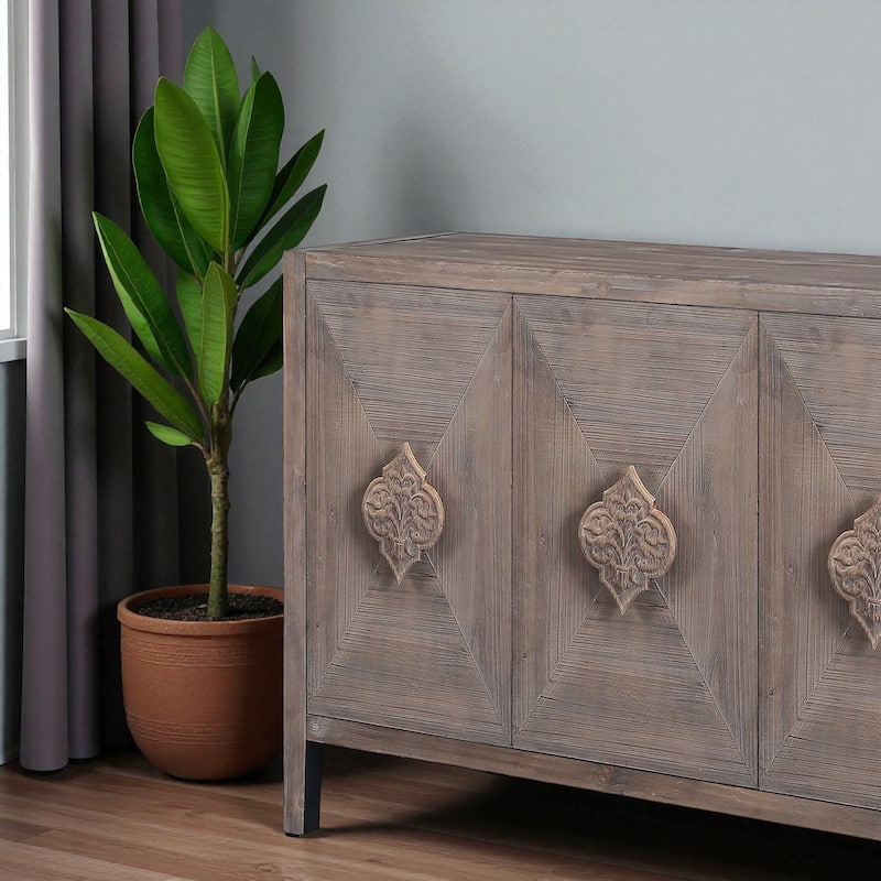 59.8" Antique 4-Door Sideboard Buffet Cabinet with Carved Flower Handles, Pine Veneer Storage Console for Living Room