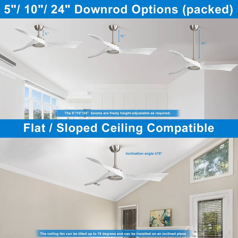 52" Wood 3-Blade Ceiling Fan without Light, 6-Speed Reversible DC Motor and Remote