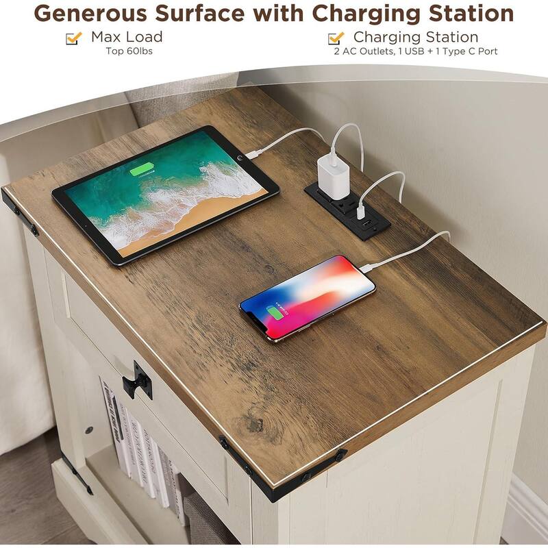 Farmhouse Nightstand with Charging Station，Beside Table for Bedroom
