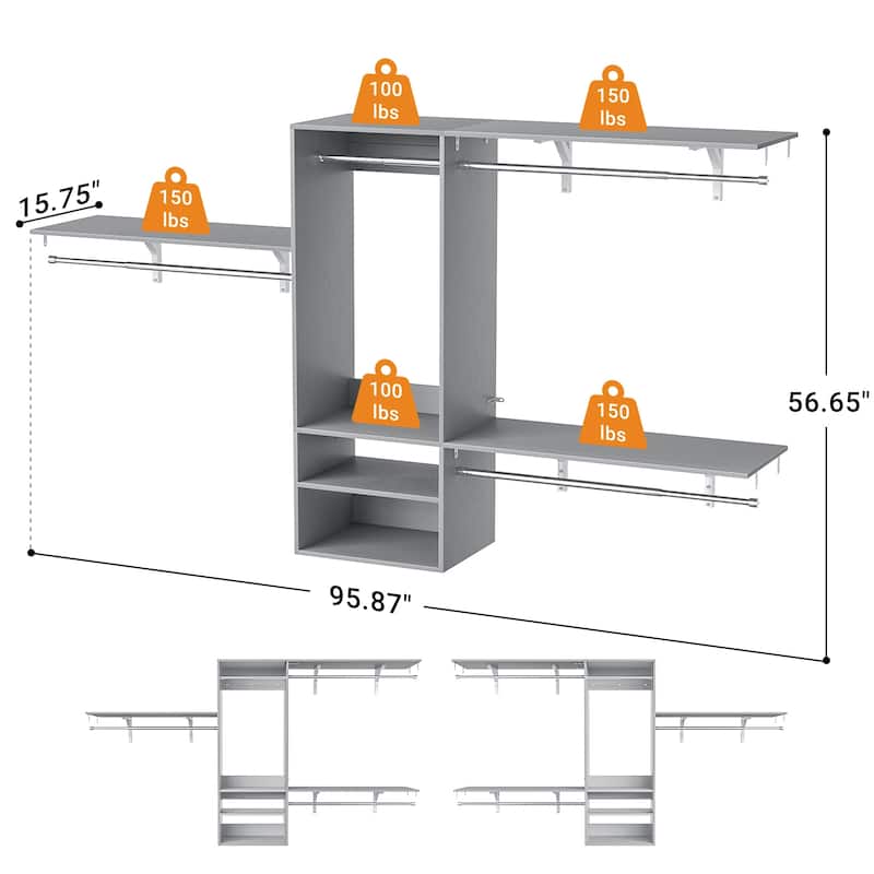 96'' W Wall-mounted Closet System with Storage Shelves and Hanging Rods,Adjustable Walk-in Closet Organizer System