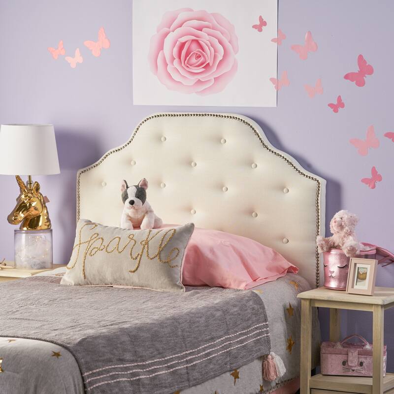 Tufted Upholstered Twin Headboard with Nailhead Trim, Adjustable Height, Button-Tufted Diamond Stitch Design - Ivory