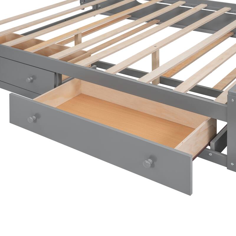 Queen Size Wooden Bed with Built-in Cabinet, Shelf, and Sockets, Twin XL Trundle, Gray