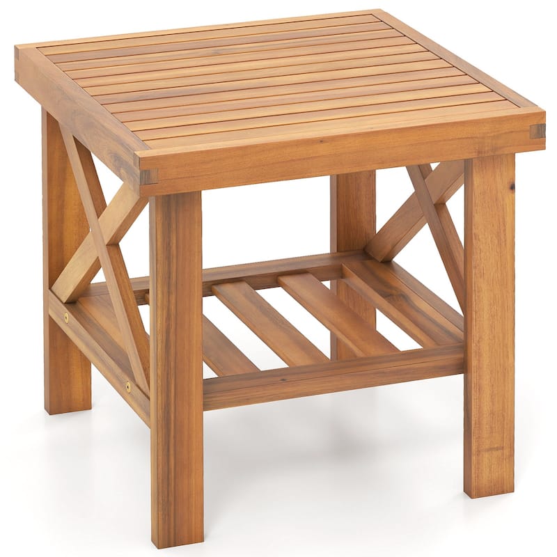 18" Acacia Wood Outdoor Side Table with Open Storage Shelf and X-Shaped Frames for Patio or Garden - 18" x 18" x 18"
