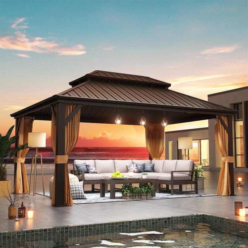 Outdoor Hardtop Gazebo with Double Galvanized Steel Roof & Aluminum Frame, Featuring Curtains and Netting for Added Comfort - 12*16