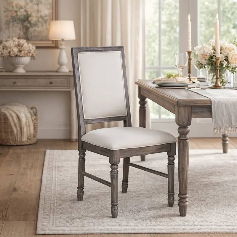 Linen Upholstered Wooden Side Chair with Turned Legs, Gray, Set of Two