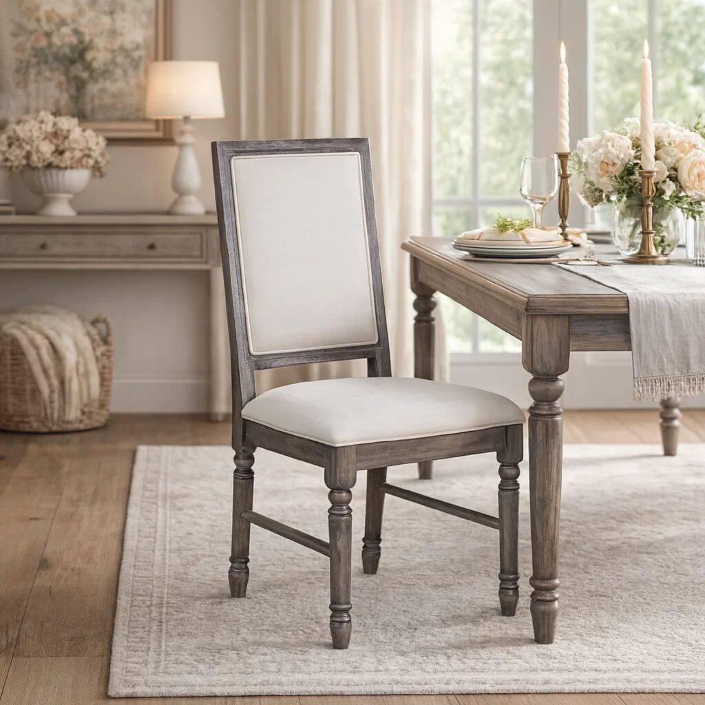 Linen Upholstered Wooden Side Chair with Turned Legs, Gray, Set of Two