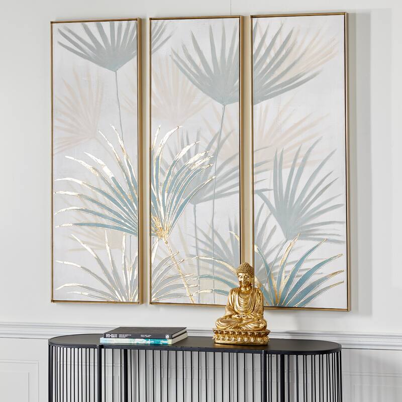 Brown Canvas Palm Leaf Framed Wall Art with Gold Frame (Set of 3)