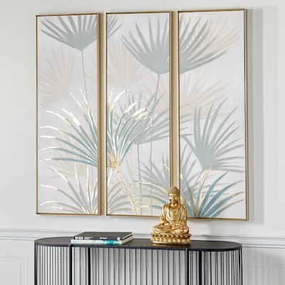 Brown Canvas Palm Leaf Framed Wall Art with Gold Frame (Set of 3)