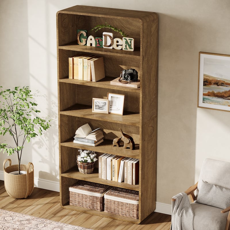 71-Inch Tall Bookcase 6-Tier Wooden Industrial Bookshelf with Storage