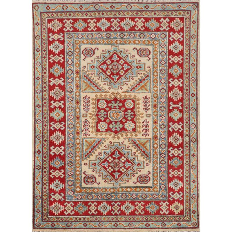 Geometric Beige Kazak Accent Rug Hand-Knotted Oriental Wool Carpet - 3'4" x 4'9"