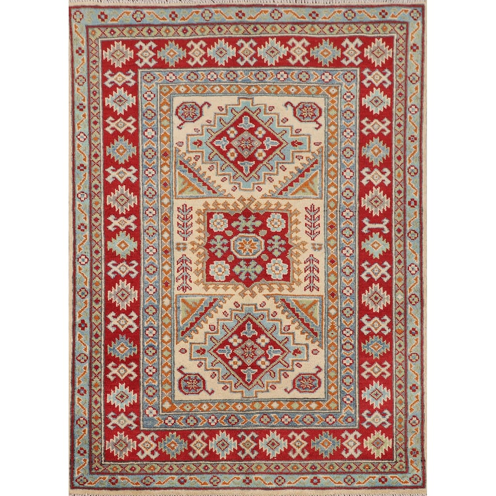 Geometric Beige Kazak Accent Rug Hand-Knotted Oriental Wool Carpet - 3'4" x 4'9"