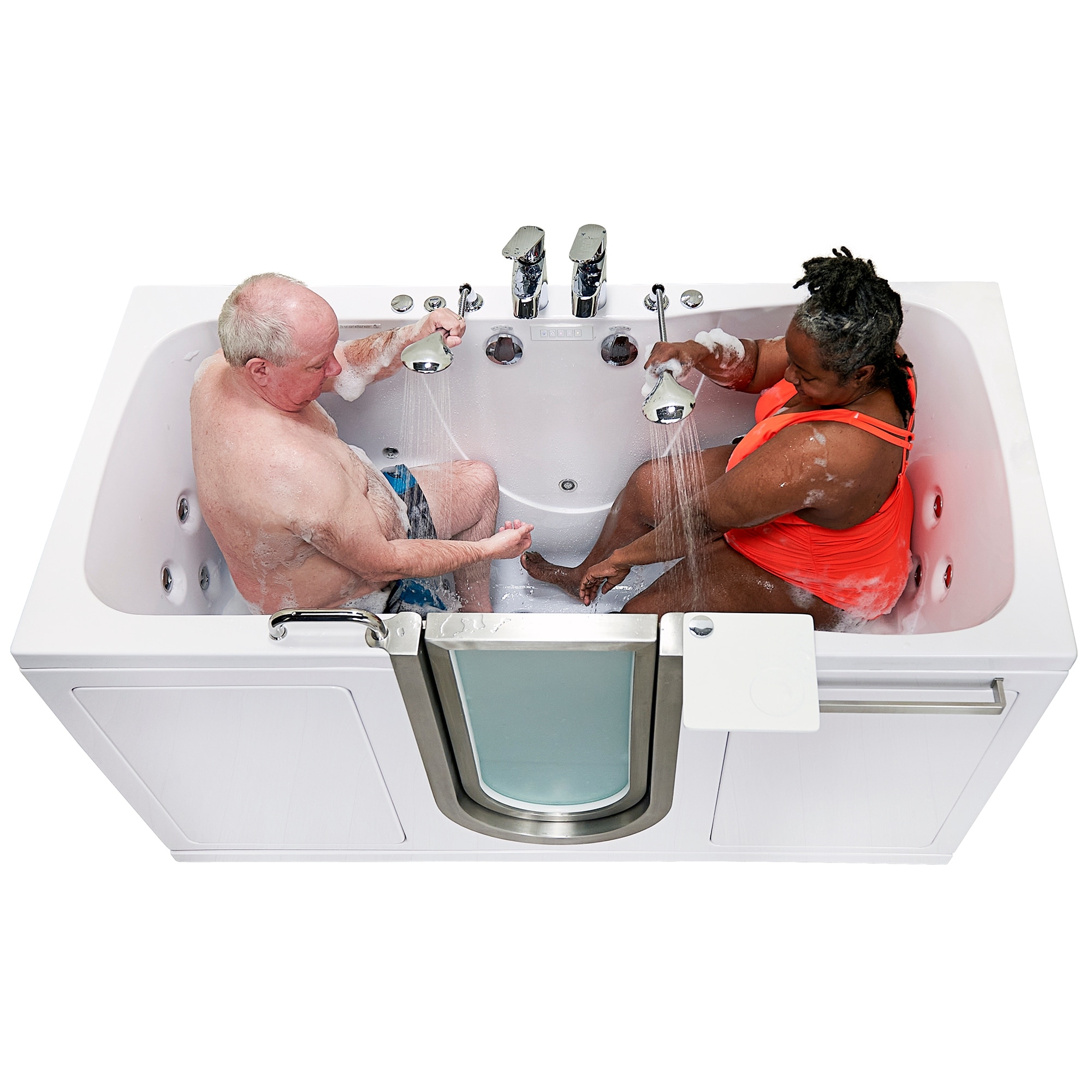 Ella Escape 36"x72" Two Seat Walk in Bathtub, Air + Hydro + Independent Foot Massage, 2x 2 Piece Faucets, Dual 2" Drains